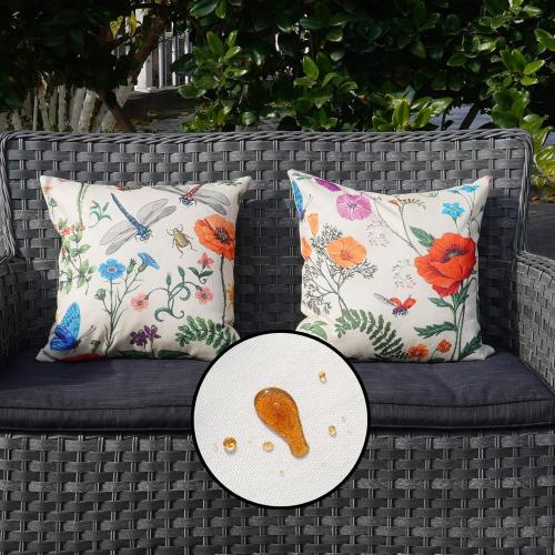 ONWAY Spring Summer Outdoor Waterproof Pillow Covers Set of 4 Floral Farmhouse Throw Pillows Decorative Cushion Cases for Outdoor Couch Sofa Patio Furniture Home Decoration (Beige, 18x18 Inch)