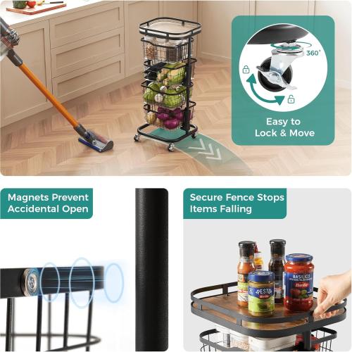 4 Tier Kitchen Fruit Vegetable Storage Cart with One-Piece Rotating Basket, Pantry Organizer Shelf Rack Floor Stand for Veggie Onion Potato Produce Spice, Rolling Snack Cart on Wheels, Black