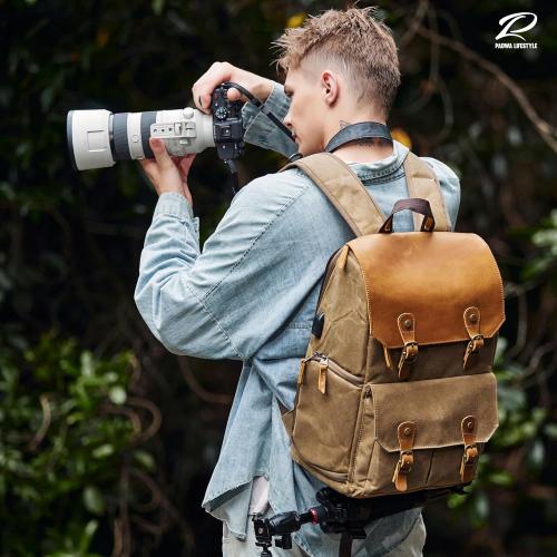 Padwa Lifestyle Khaki Camera Backpack - Waxed Memory Canvas Camera Bag, Multi DSLR SLR Large Camera Backpacks for Photographers with 16” Laptop & Lens Compartment and Tripod Holder & Weather Resistant