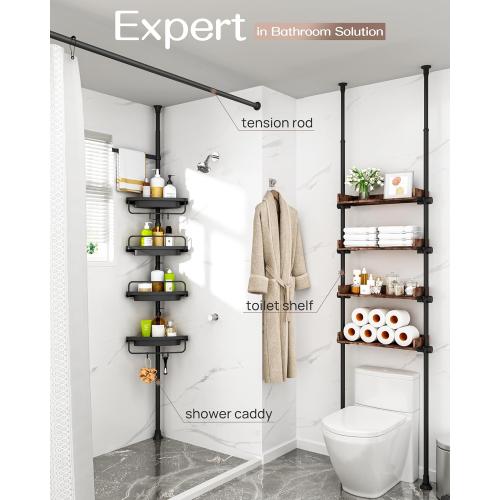 ALLZONE Corner Shower Caddy Tension Pole, Extendable Rustproof Stainless Steel Pole & 4-Tier Adjustable Shelves for Easy Drainage and Built-to-Last Stability, 34 to 116 Inch, Black