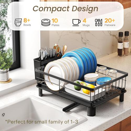 SNTD Dish Drying Rack - Small Dish Rack for Kitchen Counter, Stainless Steel Dish Drainer with Utensil Holder and Drainboard, 11 W x 15 L (Black)