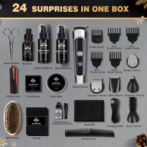 Hair & Beard Advent Beauty Calendar 2025 for Men Grooming Kit, 24 Days Christmas Countdown Calendar with Electric Trimmer Kit & Beard Care Kit for Men, Creative Gifts for Father Dad Husband Boyfriend