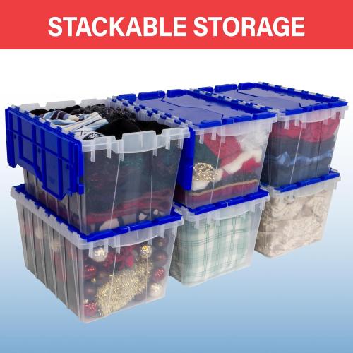 Storage Container, Nesting and Stackable Plastic Storage Box with Lid Attached, Clear Tote for Garages, Closets, and Moving,