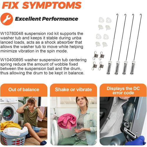 【NEW UPGRADED】W10780048 Suspension Rods(23.6in) W10400895 Washer Suspension Springs(4pcs) by Beaquicy - Replacement kit for Whirlpool Kenmore and Admiral - Replaces WTW4800XQ2, WTW4800XQ4, RTW4640YQ1
