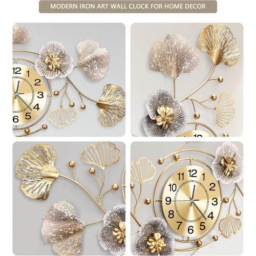 Clocks for Living Room, Large Wall Clock, 3D Silent Wall Clock, Retro Metal Ginkgo Leaf Design, for Bedroom Kitchen Decorative Wall Clocks（35''x20'' ）