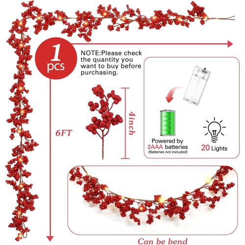 Syhood Christmas Berry String Garland with Lights Thanksgiving Artificial Lighted Garland for Home Xmas Winter Tree Decor Office Fireplace Mantel Decoration Holiday Valentines, 6 Ft (Red,1 Pc)
