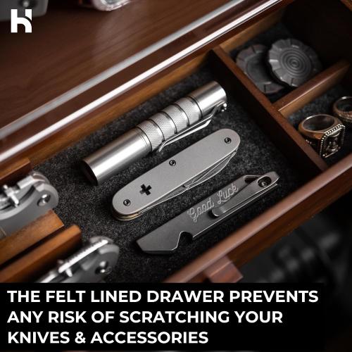 Watch & Pocket Knife Display Case – Switch Up Your Display with The Modular Pillars – Knife Case for Men with Hinged Acrylic Cover and Felt Lined Drawer – The Combo Deck for Men