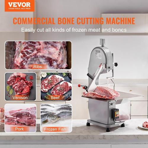 Commercial Electric Meat Bandsaw, 1500W Stainless Steel Countertop Bone Sawing Machine, Workbeach 19.3 x 15, 0.16-7.9 Inch Cutting Thickness, Frozen Meat Cutter with 6 Blades for Rib Pork Beef