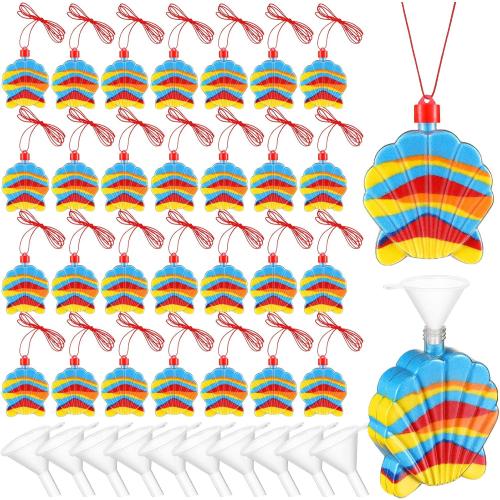 Yinkin 30 Pcs Sand Art Bottle Shell Necklaces Art Craft Bulk for Kids Craft Party Supplies Party Favors DIY Activity Group Included 10 Pcs Small Clear Plastic Mini Funnels, Sand Not Included