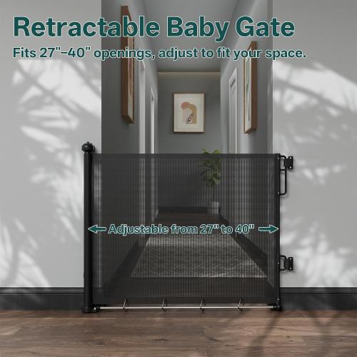 Cumbor 27-40 Retractable Baby Gates for Stairs & Doorways, Indoor Outdoor | Hardware Mounted Mesh Dog & Pet Gate, Easy Walk Through, One-Hand Operation, Anti-Crawl Adjustable Safety Gate for Dog, Black