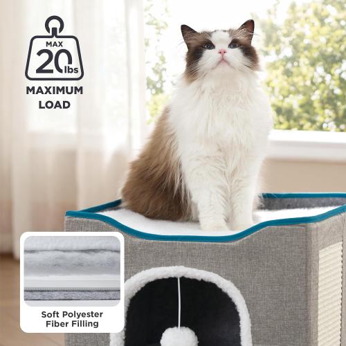 Bedsure Cat Beds for Indoor Cats - Large Cat Cave for Pet Cat House with Fluffy Ball Hanging and Scratch Pad, Foldable Cat Hideaway, 16.5x16.5x13 inches, Green