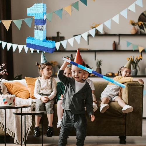 PCFING 20 Inch Number 1 Piñata Blue Silver with 30 Inch Piñata Stick Blindfold Confetti for Boys Girls Adults Birthday Party Decorations, Anniversary Celebration, Fiesta