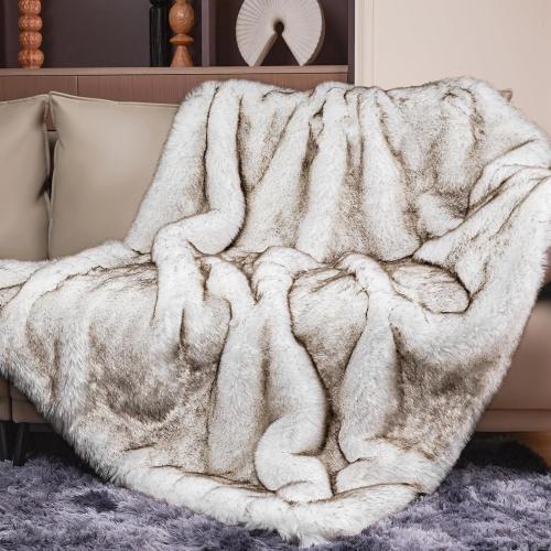 Touchat 1000GSM Faux Fur Throw Blanket, Super Thick Warm Cozy Heavy Blankets for Couch Bed Sofa, Plush Fuzzy Elegant Winter Reversible Mink Blanket for Living Room Bedroom 50''x60'', WhiteBrown