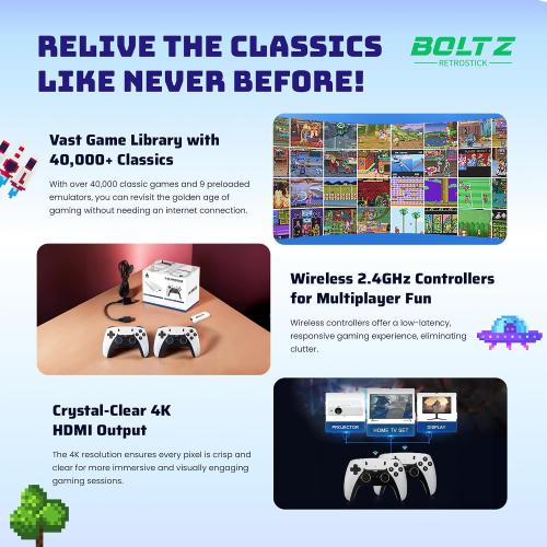 White Boltz Retro Stick Gaming Stick – Retro Gaming Console with 40,000  Classic Video Games, 9 Emulators, 128GB Storage, Plug & Play 4K HDMI Output, Includes 2 Wireless 2.4GHz Controllers