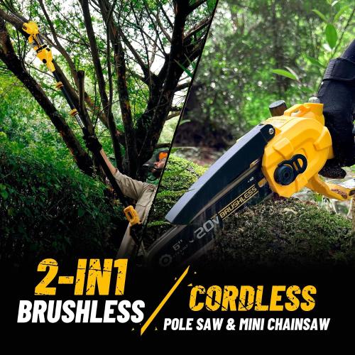 Size 14.2Ft Color yellow 2-in-1 Cordless 6 Inch Pole Saw & Mini Chainsaw, 20V MAX* 3.0 Ah Battery Powered Chain Saw, Brushless Motor, Lightweight (7.1 lbs), 14.2 FT Max Reach Pole Saw for Tree Trimming, Wood Cutting