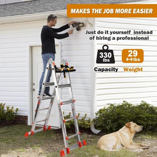 HBTower A Frame 3 Step Extension Ladder, 11Ft Multi Position Ladder with Removable Tool Tray and Stabilizer Bar, 330 lbs Capacity Telescoping Ladder for Household and Outdoor Work (Orange, 11Ft)