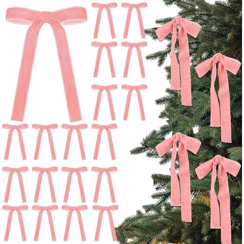 Dusty Pink 24 Pcs Velvet Bows Christmas Tree Ornaments Valentines Day Bows Decoration for Garland Home Coquette Wedding Decor (5 x 7 Inch，Width of 1)
