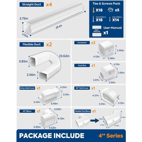 Mini Split Line Set Cover: 4 17Ft Line Set Cover Kit for Minisplit with Flexible Duct, Decorative Lineset Hide Cover Kit for Air Conditioner, HVAC, Heat Pumps, Central AC Pipe, White