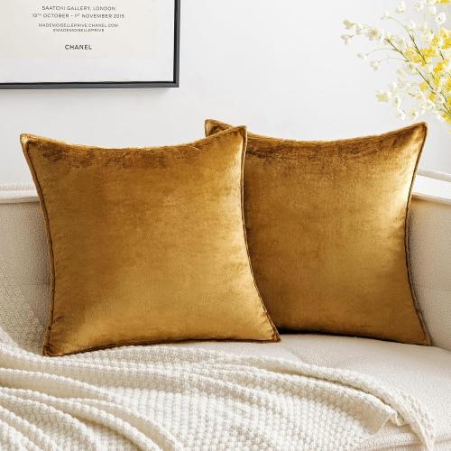 Dark Gold, 22x22, Pair MIULEE Fall Pack of 2 Dark Gold Decorative Velvet Throw Pillow Cover Soft Pillowcase Solid Square Cushion Case for Sofa Bedroom Car 22x22 Inch