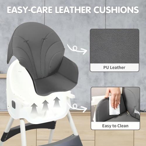 White & Grey Baby High Chair, 6 in 1 Convertible High Chairs for Babies and Toddlers with 5-Point Safety Harness,Foldable High Chair for Space-Saving, Adjustable Dining Tray,Backrest & Height,Easy to Clean Surface