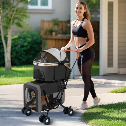 Double Pet Stroller for Dogs and Cats: Dog Stroller Foldable Travel Carriage with Detachable Carriers, Safety Belts, and 4 Lockable Wheels for Small to Medium Pets – Ideal for Multi-Pet Homes (Black)