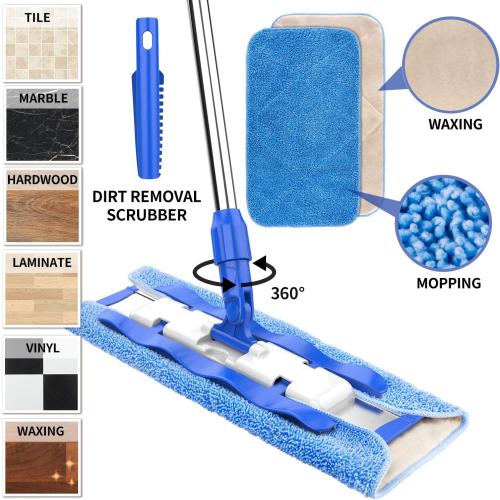 MR.SIGA Professional Microfiber Mop for Hardwood, Laminate, Tile Floor Cleaning, Stainless Steel Telescopic Handle - 3 Reusable Flat Mop Refills and 1 Dirt Removal Scrubber Included