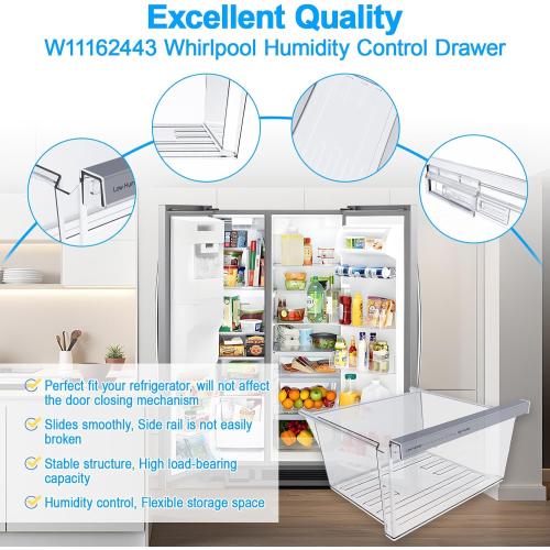 UPGRADED W11162443 Refrigerator Crisper Drawer Compatible with Whirlpool Crisper Drawer W11046494 Whirlpool Fridge Drawer W10899435 Maytag Refrigerator Drawer WRS325SDHZ WRS315SDHZ WRS315SDHM Drawer