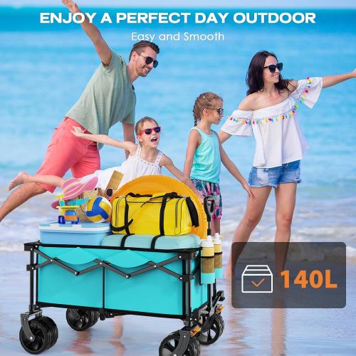 Light Blue Collapsible Wagon Cart Heavy Duty Foldable, Folding Beach Wagon with Big Wheels for Sand, Utility Grocery Cart with Side Pocket and Brakes for Sports Outdoor Activities, Light Blue