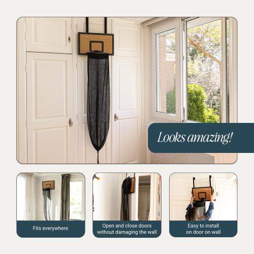 ActiveJoy – Basketball Laundry Hamper – Wooden Backboard & Mesh Hoop Laundry Basket – Over Door Hanging Organizer for Kids - Cedarwood Brown