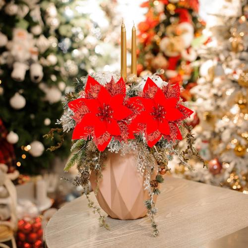 SPORTYOUTH 30 Pcs Red Poinsettia Artificial Christmas Flowers with Clips Stems, 5.5 Xmas Tree Decoration Ornaments Glitter Poinsettias Flower for Wreath Garland New Year Holiday Wedding Home Party