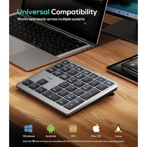 Nulea Wireless Number Pad Bluetooth 5.0 & 2.4G Portable Numeric Keyboard, USB-C Rechargeable, 34-Keys Bluetooth Keyboard for Data Entry, Compatible for Laptop, Mac, iMac, Tablet, PC Desktop