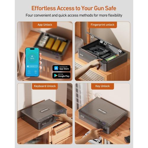 BILLCONCH Smart Gun Safe with Security Cable - Biometric Pistol Safe for Handgun 4 Ways Quick Access with Fingerprint/Keypad/Key/APP Lock, for Nightstand Bedside Home Car with LCD and Voice Guide