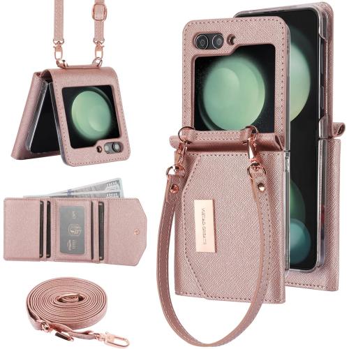 for Samsung Galaxy Z Flip 6 Wallet Case with Built-in Leather Cash Slot and Credit Card Holder. Wristlet Strap and Hinge Protection, Carrying Handbag Phone Case for Women Ladies.(Rose Gold)