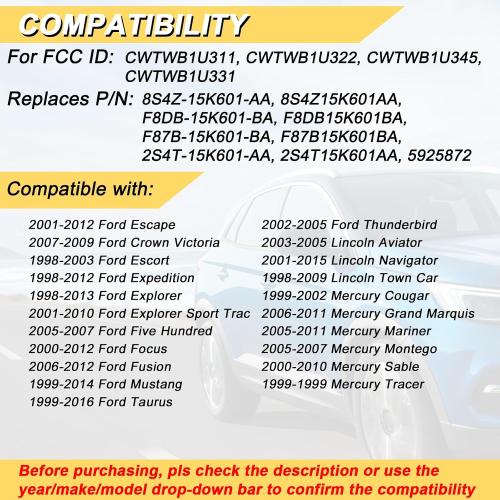 Vurkcy Key Fob Replacement for Ford Expedition Explorer Focus Fusion Mustang Taurus Lincoln Navigator Mercury Sable Car Keyless Entry Remote Control, CWTWB1U212 CWTWB1U331, 4 Buttons