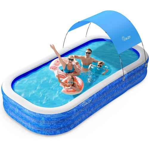 Large Inflatable Swimming Pool with Canopy,  Full-Sized Inflatable Pool for Kids & Adults, Kiddie Pool with Sun Shade, Blow Up Pool for Backyard, Garden, Age 3 , Blue