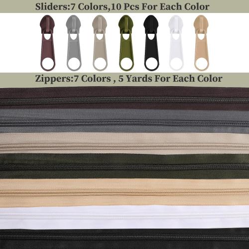 Syhood 35 Yards 7 Pcs Sewing Zippers #5 Nylon Assorted Coil Zipper Tapes with 70 Sliders Sewing Craft Supplies Gifts for Women Men(Neutral Color)