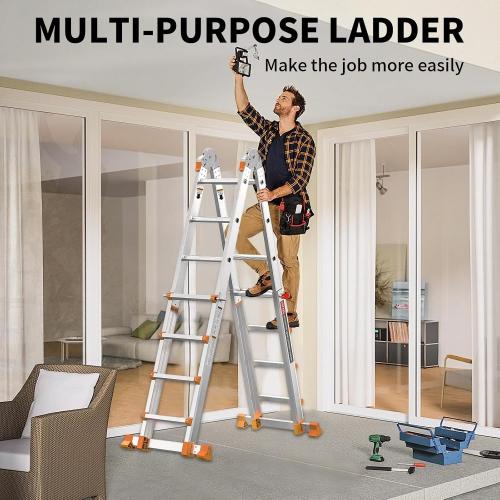 Silver Valeo Ladder 11FT, Multi Position 3 Step Ladder Extension, Anti-Slip A Frame Folding Ladder with Removable Tool Tray, 330lbs Adjustable Telescopic Aluminum Ladders for Stairs Home Indoor Outdoor Roof