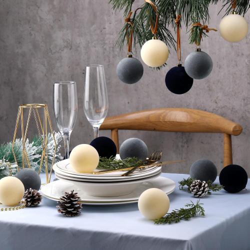 15 Pcs Velvet Christmas Ornaments 2.36 Inch Neutral Shatterproof Plastic Velvet Balls Flocked Ornaments for Christmas Tree Hanging Decorations(Beige, Gray, Dark Blue)