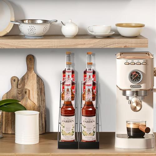 mustry Coffee Syrup Rack for Coffee Bar Accessories, Coffee Syrup Holder Fits with Torani and Monin Syrup, Coffee Bar Organizer Holds 4 Bottles, 2 Pack