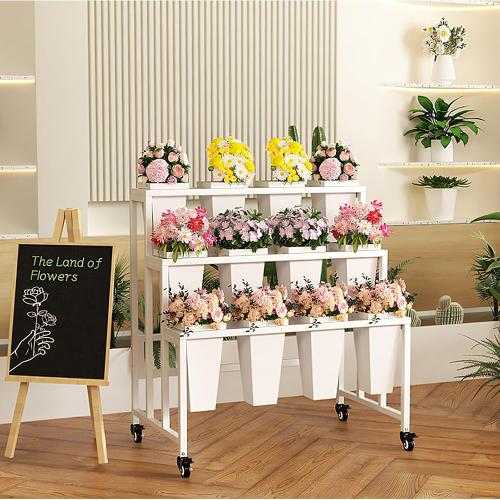 Flower Display Stand with 12 Buckets, 3 Layers Flower Bar, White Metal Plant Stand with Wheels, Heavy Duty Flower Cart for Indoor Outdoor Patio Garden Wedding Florist, White Metal Frame