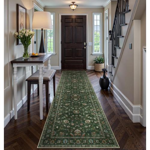 Green,2'6x8' Wonnitar Green Runners for Hallways 2.5x8 Boho Runner Rug, Low Pile Non Slip Washable Kitchen Runner Rug, Vintage Floral Stain Resistant Christmas Runner Rugs Carpet Runner for Bedroom,(Green,2'6x8')