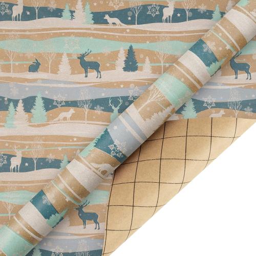 RUSPEPA Christmas Wrapping Paper, Kraft Paper - Reindeer, Stripe and Snowflakes in Blue Design - 4 Rolls - 30 inches x 10 feet per Roll