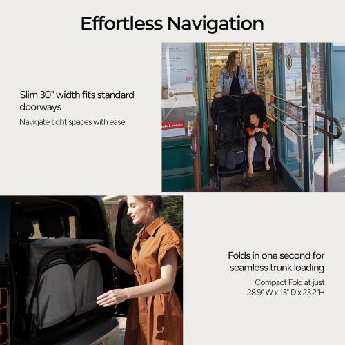 Mompush Lithe Double Stroller for Infant and Toddler, Lightweight Side by Side Twin Stroller, Only 25 lbs, 30-Inch Slim Fit Through Doorways, One-Step Fold, Independent Recline, UPF 50  Canopy