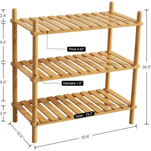 GOGOGO 3-Tier Bamboo Freestanding Shelf | Tool-Free,150lb,Multifunctional Small Bookcase Wood Shelf for Bathroom, Kitchen, Office (Natural, 9.0“H（3 Tier Heightened)