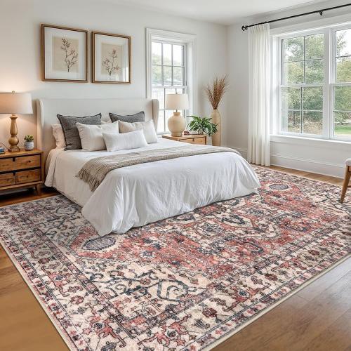 KOZYFLY Area Rug 9x12 Ft Thin Rugs for Living Room Washable Bedroom Rug Non Slip Rugs for Living Room Printed Faux Wool Vintage Bedroom Rug Floor Carpet for Dining Room, Red Salmon/Pink/Navy