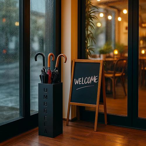 Hiceeden Square Metal Umbrella Holder, Free Standing Umbrella Rack Stand for Indoor Entryway, Umbrella Canes Walking Sticks Storage Bin for Office, Home, Hotel, Shop, 6.3 x 6.3 x 16.5, Black