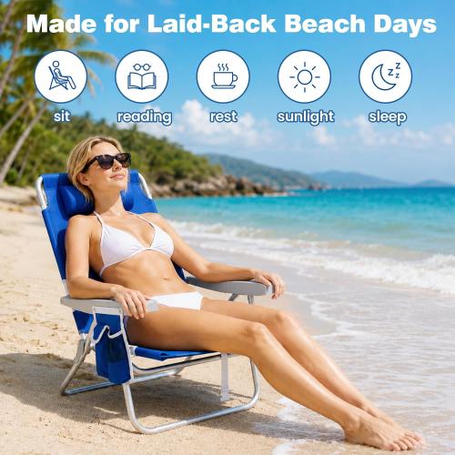 SUNNYFEEL 12.6 High Seat Beach Chair for Adults, High Back 5-Position Lay Flat Reclining Beach Chair with Detachable Cooler Bag, Folding Beach Chair with Cup Holder, Heavy Duty 360 LBS