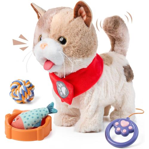 TUMAMA Toy Cat for Kids, Cute and Realistic Kitty Toy That Walks, Meows, Tongues Out and Wags Tail, Interactive Electronic Cat Plush Toy with Leash, Best Gift for Boys and Girls Ages 3 4 5 6 7
