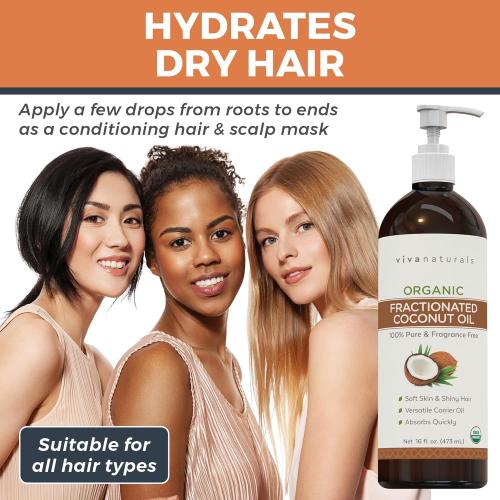 Viva Naturals Organic Fractionated Coconut Oil, 16 fl oz – Skin & Hair Moisturizer, Massage Oil, Carrier Oil for Essential Oils
