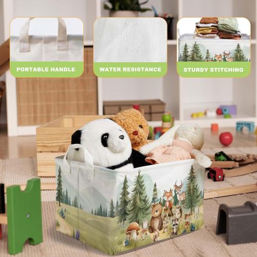 Cute Animals Storage Baskets, Woodland Nursery Decor, Woodland Baby Shower Decorations, Large Squarecanvas Laundry Hamper With A Waterproof PECoating, Foldable Kids Toy Clothes Bins for Bedroom